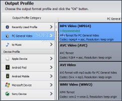 Showing the output profiles in WinX HD Video Converter Deluxe World Cup Edition